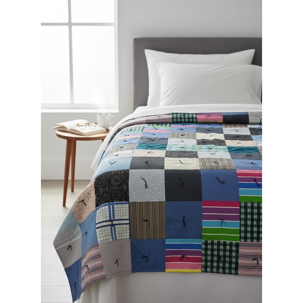 Vintage Patchwork‎ Quilt Blue Plaid Striped Hand Tied Cottagecore Twin